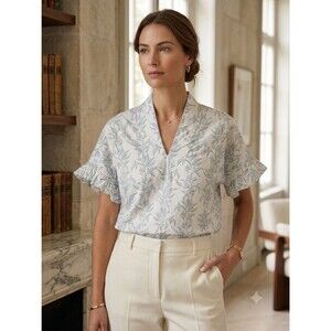 Brooke Wright Cotton Poplin V-Neck Top Blue Botanical Print L/XL Flutter Sleeve